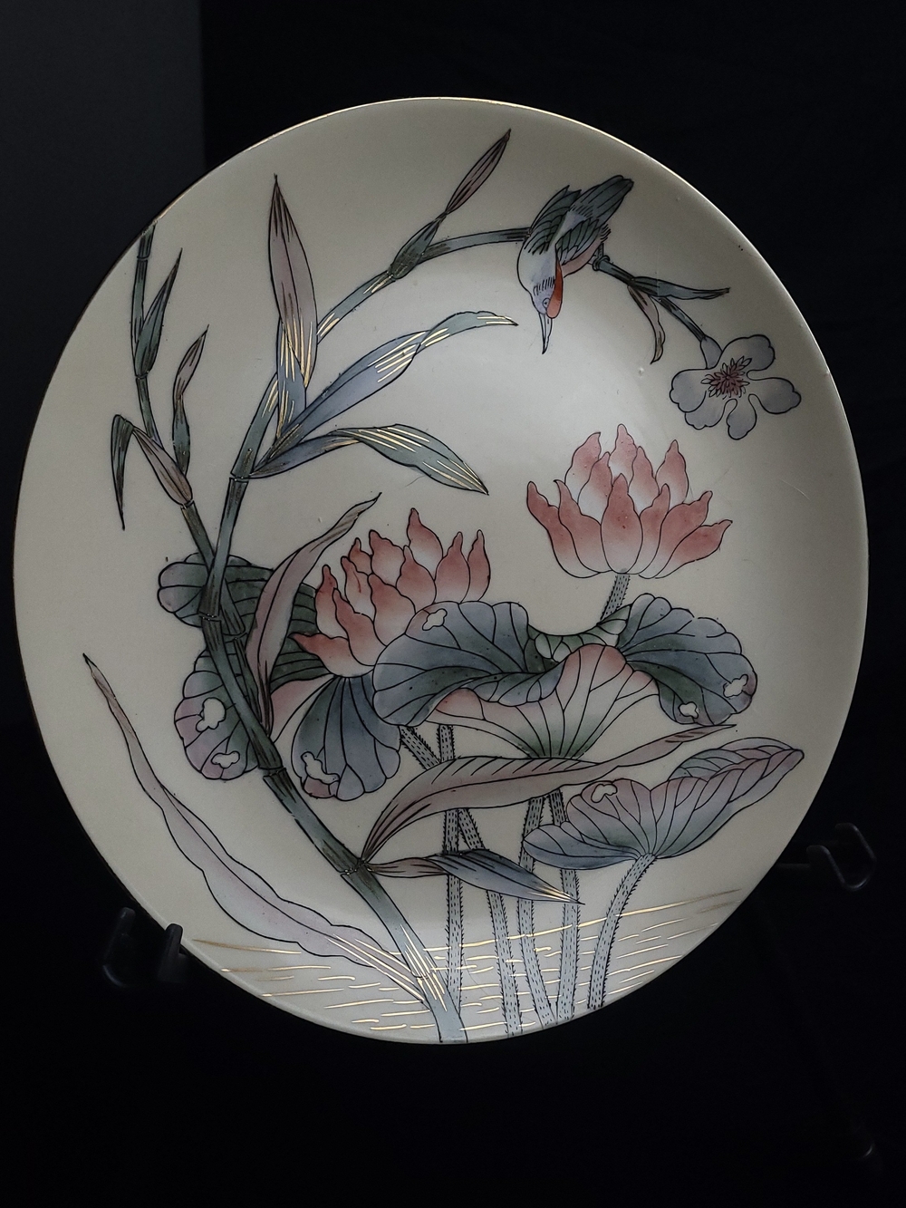 Hand-Painted Toyo Lotus Floral Decorative Wall Plate - Pink & Green